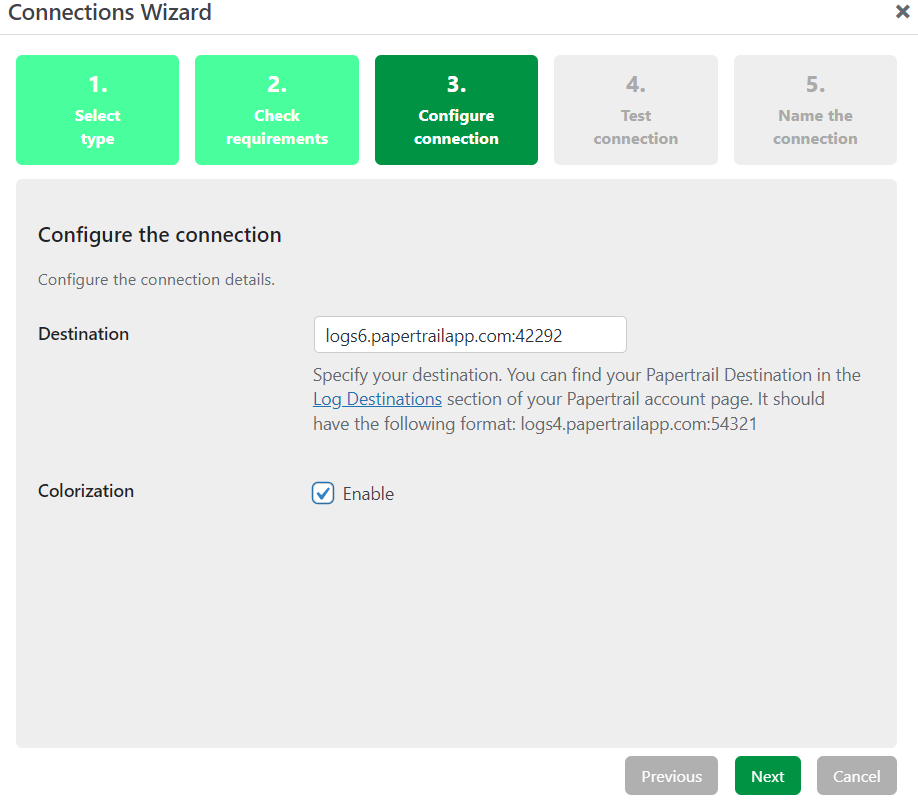 Configuring Papertrail connection from WP Activity Log plugin