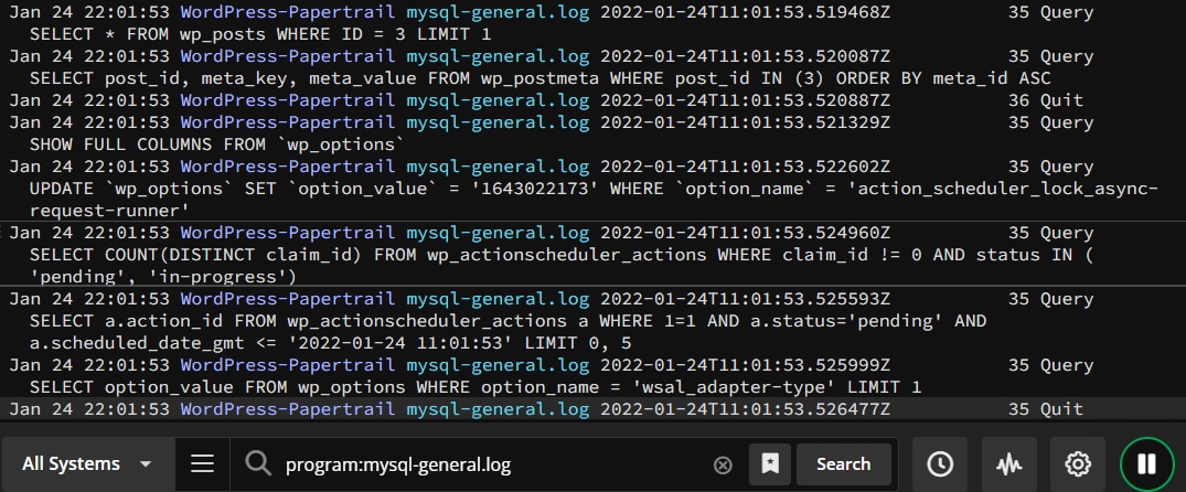 MySQL general log in Papertrail