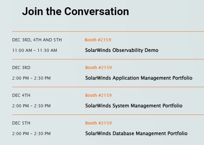 List schedule for SolarWinds AWS re:Invent 2024