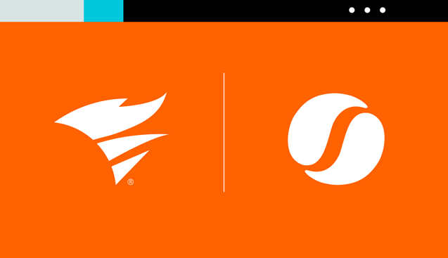 SolarWinds logo set alongside the Squadcast logo, white logos on an orange background